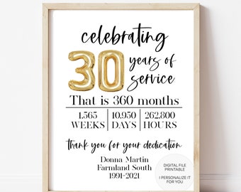 Imprimible de aniversario laboral, letrero de años de servicio para aniversario laboral, letrero de celebración de aniversario laboral, reconocimiento a empleados, regalo para empleados