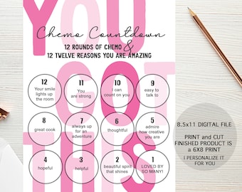 Calendrier du compte à rebours pour le traitement de chimiothérapie 12 tours, suivi de chimio, cadeau de trousse de soins pour le cancer, imprimable, affirmations, compte à rebours de chimiothérapie