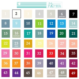 Puede incluir: Carta de colores con 49 colores de pintura diferentes, numerados del 1 al 49. Los colores est&aacute;n dispuestos en filas y columnas. Algunos colores tienen nombres, como "pewter", "sea breeze", "seafoam", "slate", "pearl grey" y "platinum".