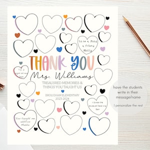May include: A printable thank you card for a teacher with a colourful "Thank You" message and a heart design. The card has space for students to write their messages and the teacher's name is "Mrs. Williams".