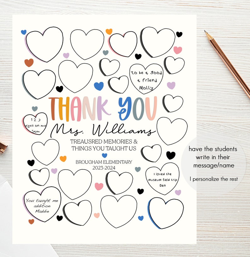 May include: A printable thank you card for a teacher with a colourful "Thank You" message and a heart design. The card has space for students to write their messages and the teacher's name is "Mrs. Williams".