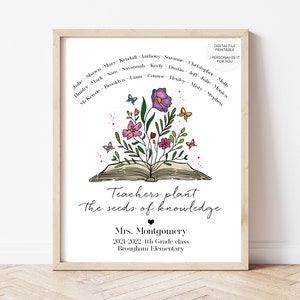 May include: A printable classroom poster with a floral design and an open book. The text reads "Teachers plant the seeds of knowledge" and includes the teacher's name, grade, and school. The names of the students are listed around the book.