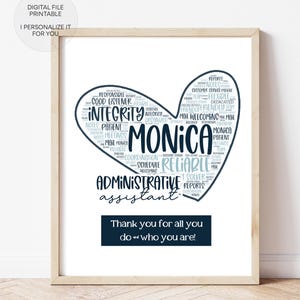 Può includere: Una nuvola di parole a forma di cuore stampabile con il nome "Monica" al centro. La nuvola di parole è piena di parole che descrivono le qualità di un'assistente amministrativa, come "affidabile", "organizzata" e "paziente". Il testo sotto la nuvola di parole dice "Grazie per tutto quello che fai - chi sei!"