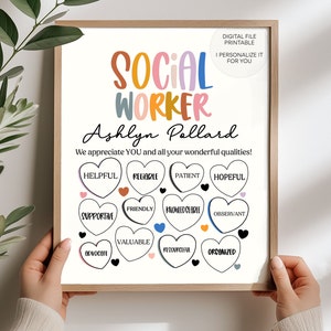 Puede incluir: Un póster de agradecimiento para un trabajador social imprimible con el texto "SOCIAL WORKER" en letras de colores y el nombre "Ashlyn Pollard". El póster presenta un diseño de corazón con palabras que describen cualidades positivas, como "servicial", "fiable", "paciente", "esperanzador", "apoyo", "amigable", "conocedor", "observador", "valioso", "ingenioso", "abogado" y "organizado".