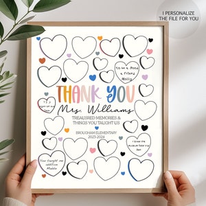 May include: A printable thank you card for a teacher with a colourful "Thank You" message and hearts for students to write messages in. The card says "Treasures Memories & Things You Taught Us" and "Brougham Elementary 2023-2024".