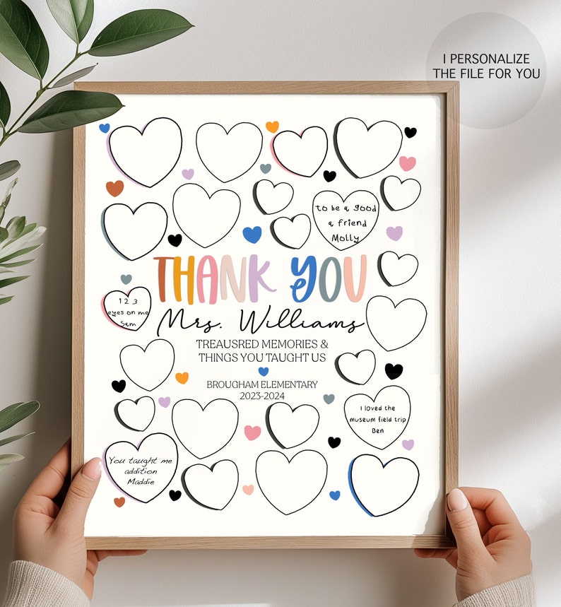 May include: A printable thank you card for a teacher with a colourful "Thank You" message and hearts for students to write messages in. The card says "Treasures Memories & Things You Taught Us" and "Brougham Elementary 2023-2024".
