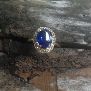 Vintage Sapphire and Diamond Gold Princess Diana Ring Size 7 3/4  - Antique Sapphire Ring - Old Cut Diamond Ring - Princess Di Ring
