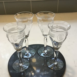 Antique Etched Crystal Cordials - set of 4 - Vintage Cordials - Antique Liqueur Glasses - Port wine Glasses - Madiera Glasses