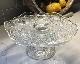 Unique Vintage Pressed/Cut Glass Cake Stand 9.25 inches - Pressed Glass Cake Stand - EAPG - American brilliant Glass Cake Stand