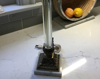 Vintage Glass and Marble Table Lamp - Antique Lamp - Bedside Lamp - Marble Lamp - Crystal Lamp - Brass Lamp - Vintage Lighting