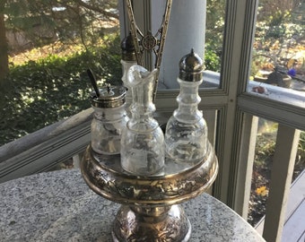 Antique Castor Set, Antique Crystal Salt Cellar and Shaker, Hot Chocolate Shaker with Spoon, Silverplate Castor Set, Crystal Salt and Pepper