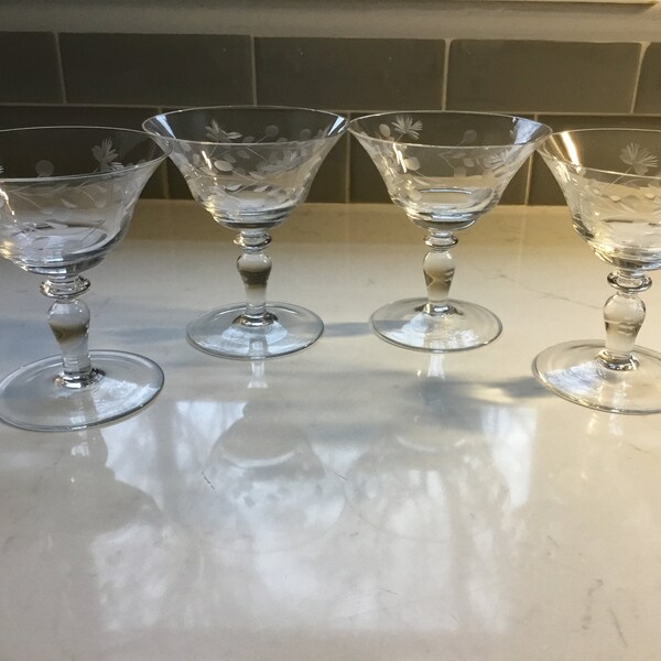 Vintage Etched Crystal Champagne Coupes, Martini Glasses or Cocktail Glasses - set of 4