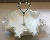 Vintage Milk Glass Handled Candy Dish - Fenton Silver Crest