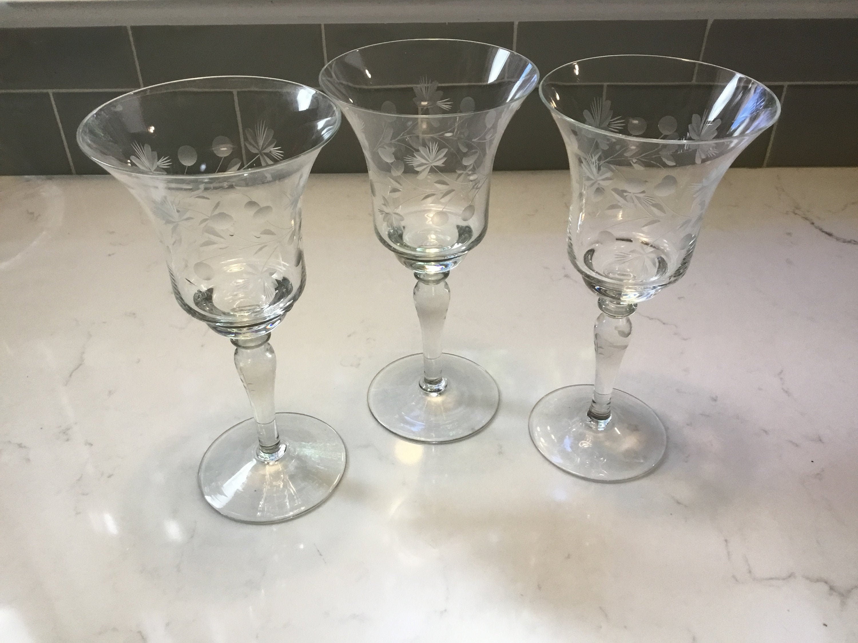 6 Vintage Acid Etched Wine Glasses, Lippincott - Bird of Paradise, 1940's,  Antique Etched Water Goblets, Vintage Wedding Glasses