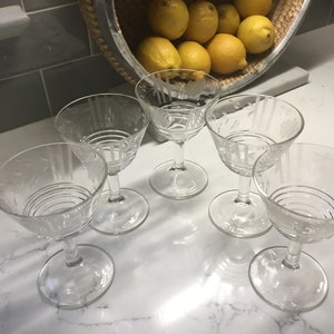 Vintage Etched Crystal Champagne Coupes or Tall Sorbets - Set of 5 - Antique Champagne Coupes - Vintage Champagne Glasses - etched