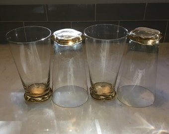 Fine Crystal Tumblers or Hi-balls - Amber Crystal Base - set of 4 - Antique Cooler Glasses - Yellow Crystal - Canary Crystal - 70s Glassware