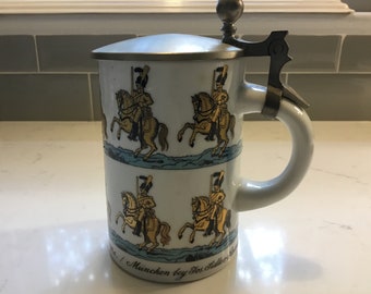 Vintage German Beer Stein - Munchen Garde Du Corps Napoleon Era Commemorative - Antique Stein - Vintage Beer Mug - Lidded Stein