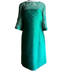 VINTAGE ANNI '50 / Abito tubino in seta verde smeraldo e pizzo Wayne Fuller / Taglia circa 10