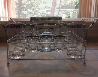 Mid-Century Modern Bar Caddy Set - 17 pieces - Mercury Glass - MCM Bar Kit - Dorothy Thorpe - Double Old Fashioned - Shot Glasses Ice Bucket