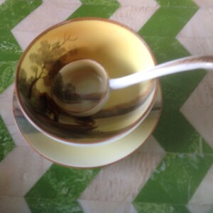 Peut inclure: Un ensemble de tasse à thé, soucoupe et louche jaunes avec une peinture de paysage à l'intérieur de la tasse. La louche repose dans la tasse, et l'ensemble est sur une surface à motifs verts et blancs. La tasse et la soucoupe ont une bordure marron.