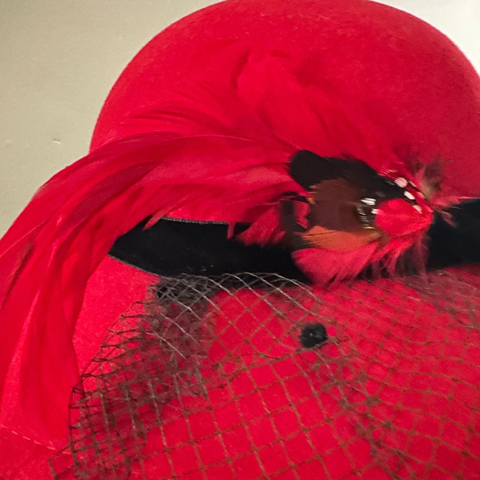 Vintage Red Wool Felt Cartwheel Hat With Feather and Dot Net  display picture 3