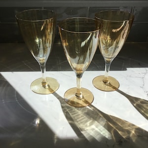 Vintage Amber Crystal Water Goblets or Wine Glasses - set of 3 - Amber Glass - Vintage Water Goblets - Antique Wine Glasses