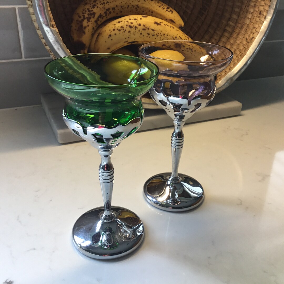 Vintage Art Deco Chrome & Multi Color Wine Cocktail Glasses Set of 2