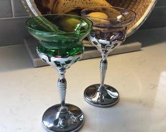 Vintage Art Deco Chrome & Multi Color Wine Cocktail Glasses Set of 2  - Morgantown Glass United Chromium - Farberware Wine Glass - Cordials