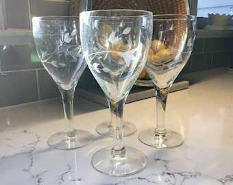 Vintage Etched and Cut Crystal Wine Glasses or Water Goblets - set of 4 - elegant Glass - Vintage water Goblets - Antique Wine Glasses