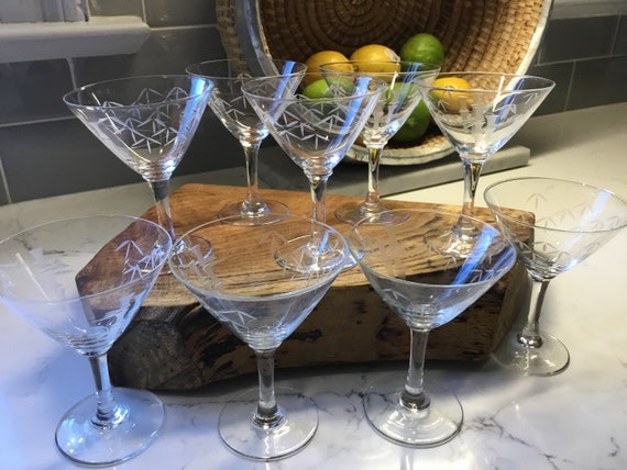 Vintage Etched Crystal Martini or Cordial Glasses Set of 9 Sasaki