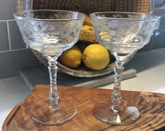 Vintage Cut Crystal Champagne Coupes or tall Sorbets - Set of 2 - Libbey Rock Sharpe - Halifax?  Antique Cut Crystal Coupes, Toasting Coupes