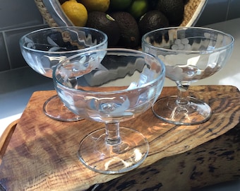 Vintage Pressed Glass Champagne Coupes - Set of 3 - Antique Coupes, Sorbet Bowls, Sherbet dishes,  Martini Glasses, Cocktail Glasses
