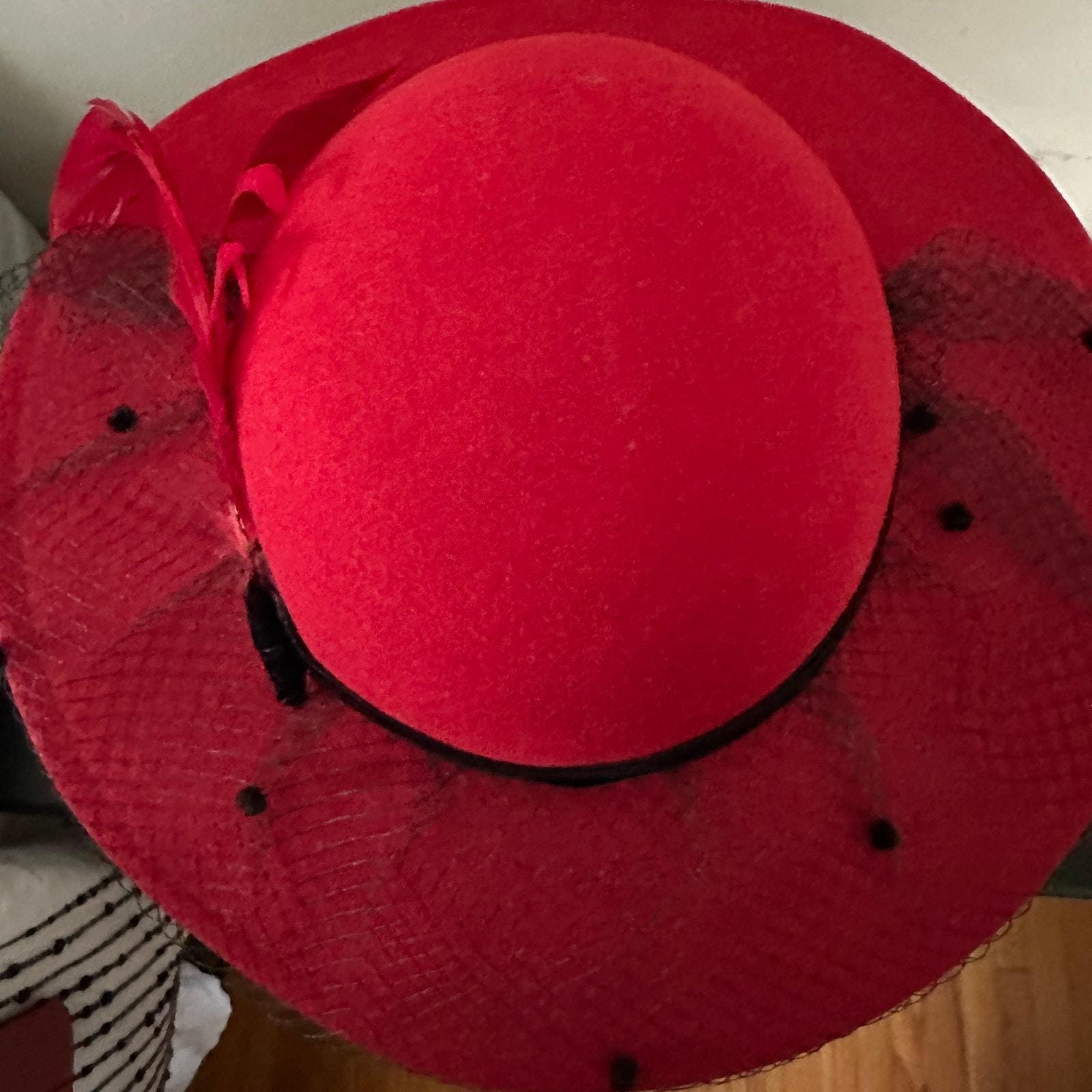 Vintage Red Wool Felt Cartwheel Hat With Feather and Dot Net  display picture 2