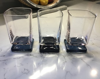 Vintage Mid Century Modern Double Old Fashioned Glasses - Modern Minimalism - Blue and Black - set of 3 - Minimalist Glassware