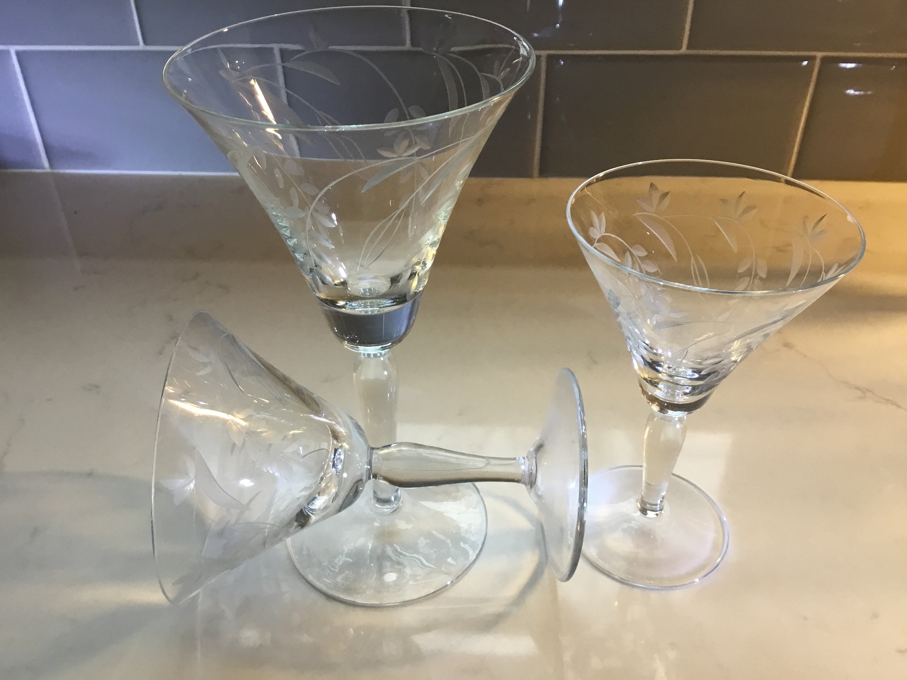 Set of 4 Vintage Stardust Etched Small Martini Glasses