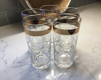 Vintage Mid Century Modern Cut Crystal Gold Rimmed Hi-ball Glasses - Set of 5 - Highball Glasses - Cooler Glasses -  MCM Barware