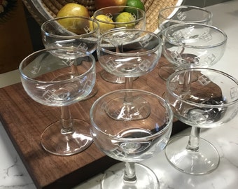 Vintage Gray Cut Champagne Coupes - set of 8 - VIntage Coupes - Antique Coupes - Champagne Glasses - Vintage Flutes, Mid Century Coupes, MCM