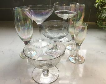 Vintage Iridescent Crystal Mixed set - Coupes, Flutes, Martini Glasses, Sorbet Dishes - Antique Iridescent Crystal - Fostoria Pearl