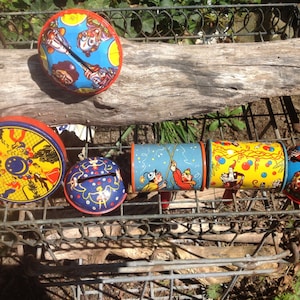 Vintage Tin Noise Makers - Tin Litho - US Metal Toy Manufacturing - Set of 6 - Tin Toys - Vintage Party Favors - 1940s toys