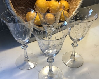 Vintage Etched Crystal Wine Glasses or Water Goblets - Set of 4 - Antique Wine Glasses, Antique Goblets, Elegant Glass, Depression Glass