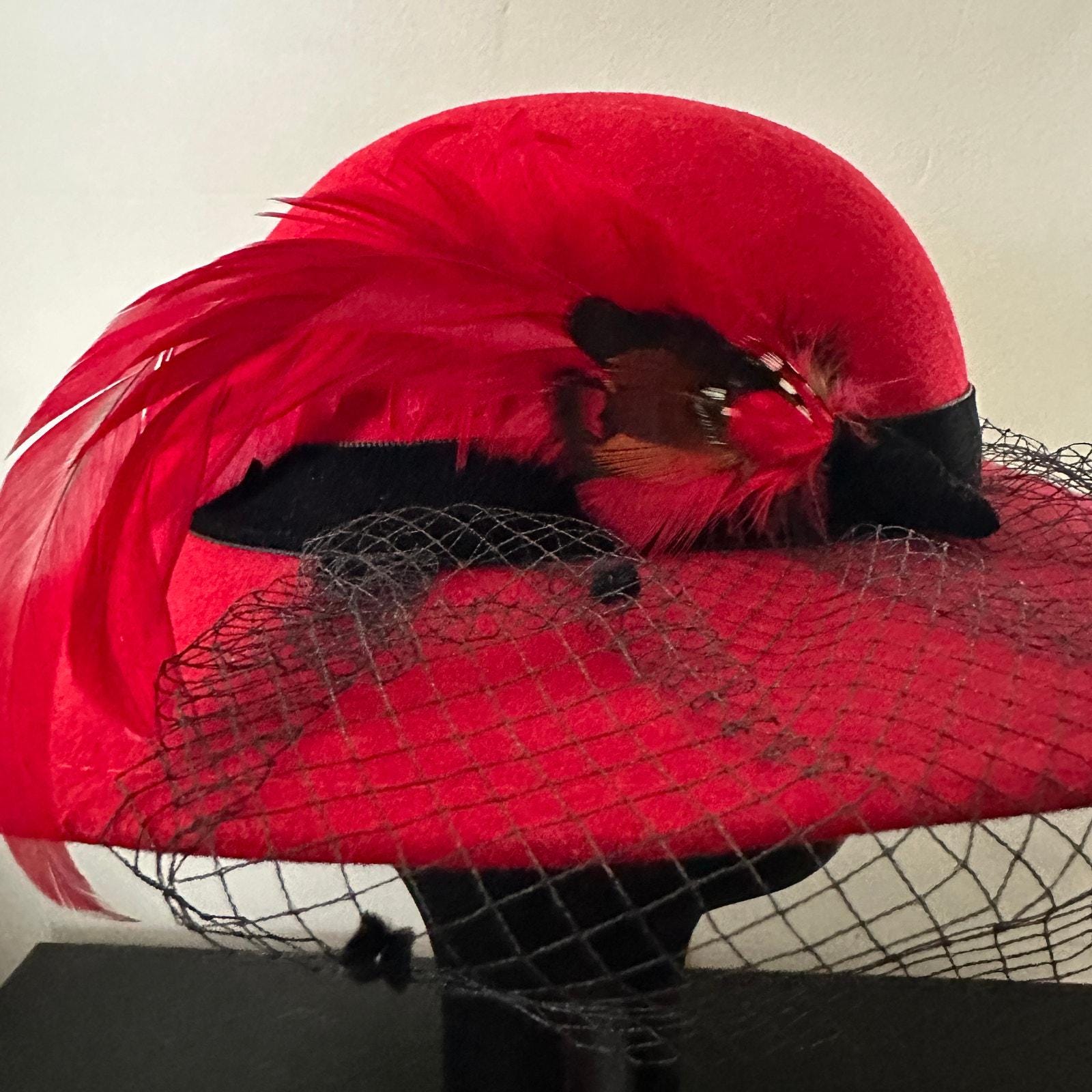 Vintage Red Wool Felt Cartwheel Hat With Feather and Dot Net 