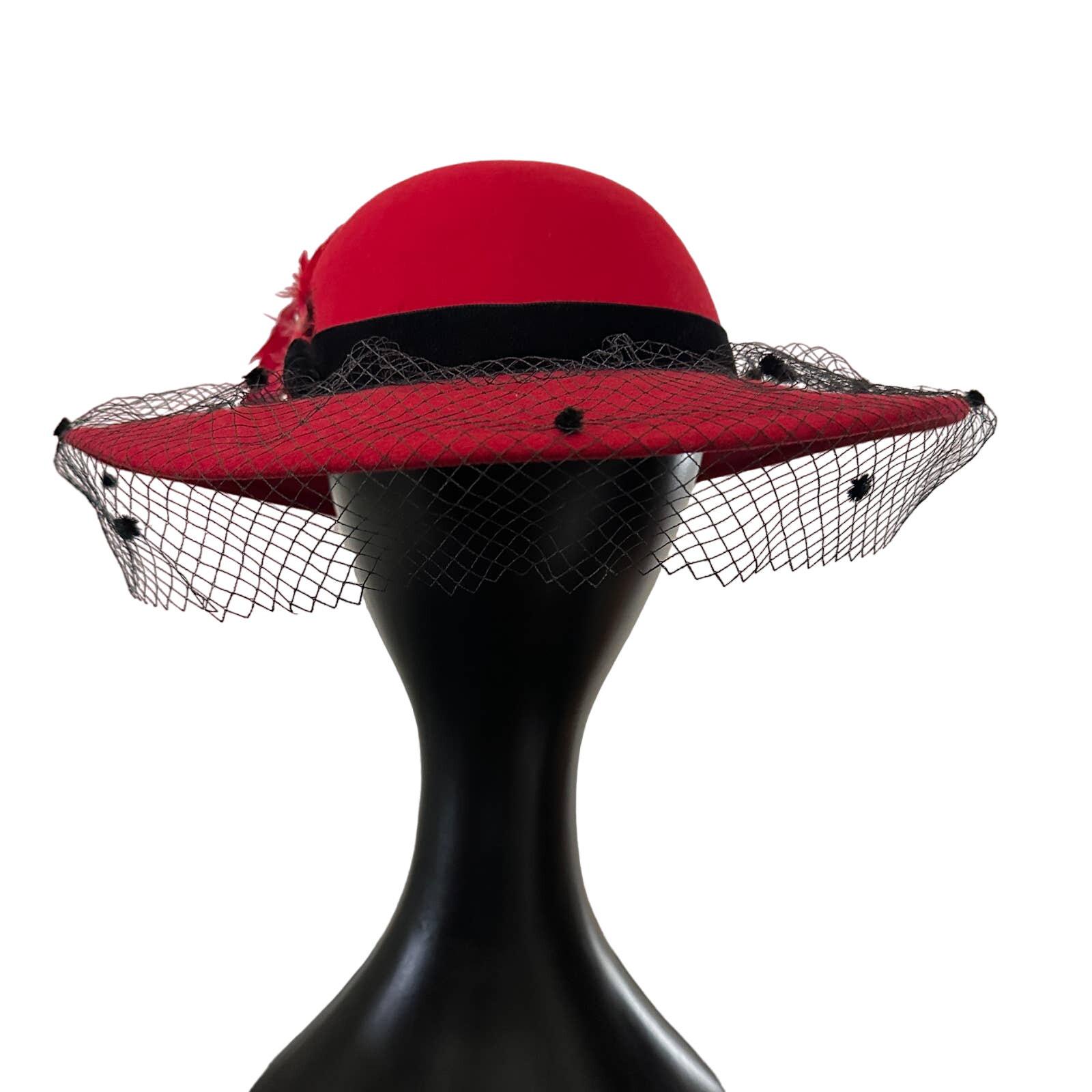 DELIGHTFUL 1950s\' BLACK FELT CARTWHEEL HAT + RUST FEATHERS & RHINESTONE BUTTONS Vintage Black Toque Hat Fur Felt with Rhinestone Brooch  main image 3