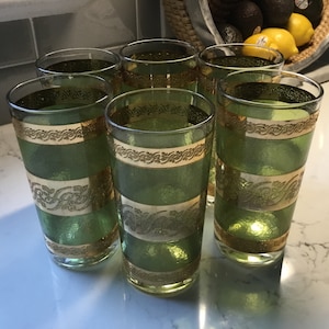 Vintage Green and Gold Mid Century Modern Starlyte Hi-ball or Cooler Glasses - set of 6 - Mid Mod Barware - Kitsch Barware - Zombie Glasses