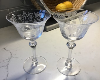 Antique Etched Crystal Cordial Glassees or Port Wine Glasses - Tiffin-Franciscan Cherokee Rose - Set of 2 - Antique Cordials