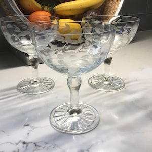 Vintage Etched Chamapgne Coupes - Set of 3 - Pressed Glass Champagne Coupes - Antique Champagne Coupes - Champagne Glasses, Depression Glass