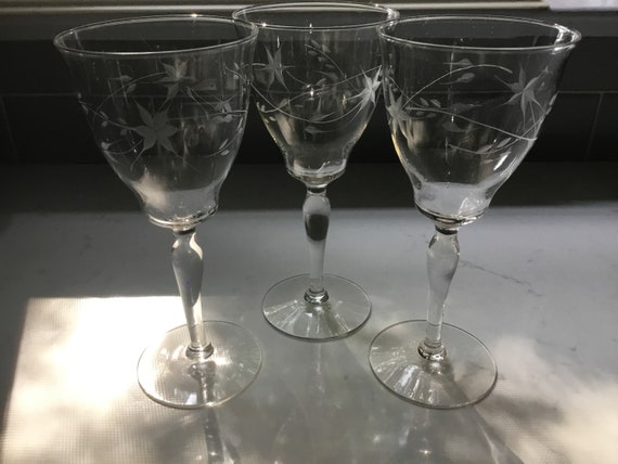 Vintage Etched and Cut Crystal Wine Glasses or Water Goblets Set