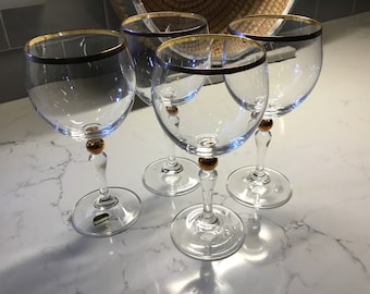 Vintage crystal Gold Rimmed Wine Glasses or Water Goblets - set of 4 - Bohemia Crystal, vintage wine glasses, antique wine glasses