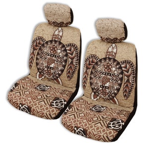 May include: Two brown and beige car seat covers with a turtle design. The turtle is brown and has a geometric pattern. The seat covers have a brown and beige geometric pattern.