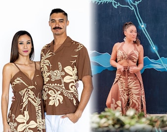 NinthIsle Made in Hawaii tenues assorties super douces tenues de villégiature tortues et fougères chemise/robe/pantalon cache-coeur aloha groupe mariage cadeau de fête en vrac