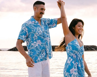 NinthIsle Made in Hawaii, Matching Aloha Shirt & Dress – Super Soft Bright Hibiscus Floral, Family Resort Wear Outfits, Wedding, Group, Gift
